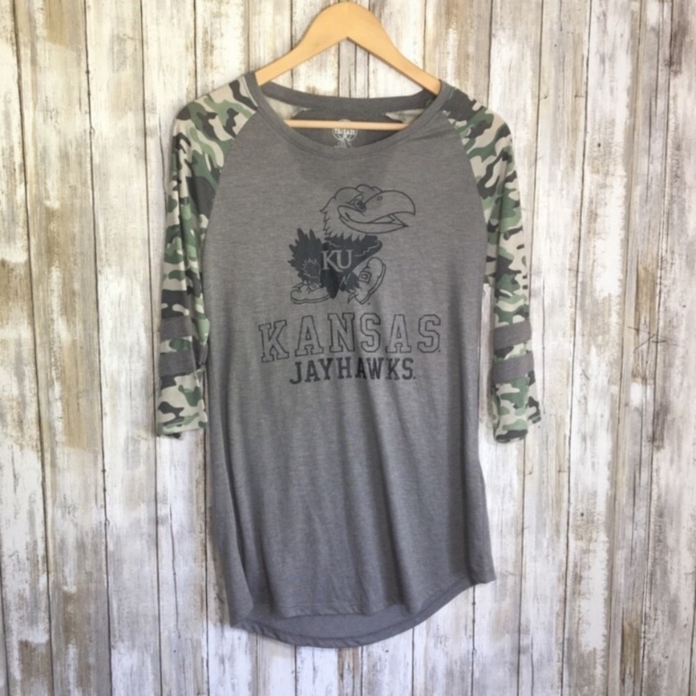 Kansas Jayhawks Camo Raglan Tee Women’s Small NWT KU Game Day Shirt